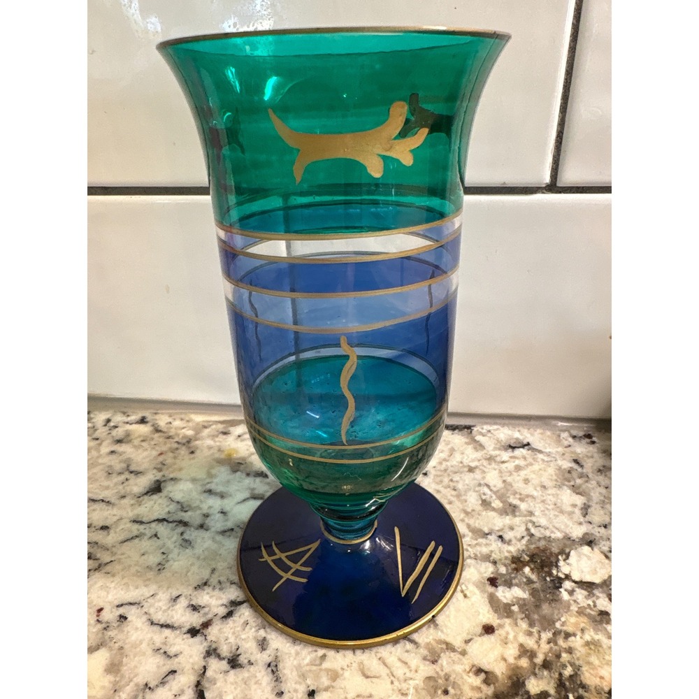 Vintage Hand Painted Teal and Cobalt Blue Art Glass Vase with Gold Accents 7in